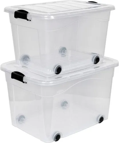 Rollboxen Set 60 und 100 Liter - Transparente Kunststoff Aufbewahrung - Putzboxen: 2 x Rollboxen mit Deckel, lebensmittelecht und einfach zu bewegen dank Rollen, ideal für vielseitige Lagerung im Haushalt.
