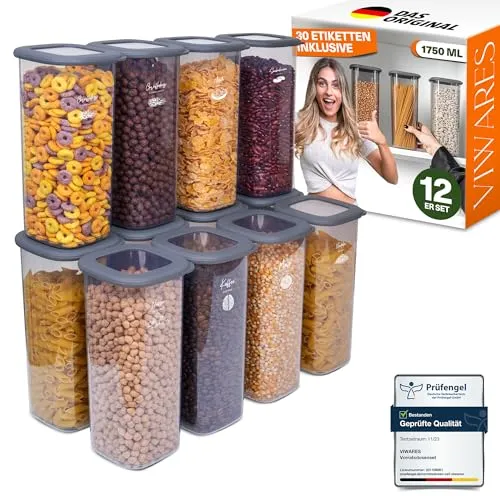 Viwares Vorratsdose 12er Set Anthrazit FOLY 1.75L - Vorratsdosen-Set mit luftdichtem Verschluss für frische Lebensmittel. Stapelbar, BPA-frei und spülmaschinengeeignet - ideal für eine organisierte Küche und unterwegs.