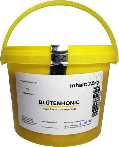 Deutscher Honig im 2,5 kg-Honigeimer. Blütenhonig aus Hessen - schonend geerntet, schonend verarbeitet, fein gesiebt und ungefiltert