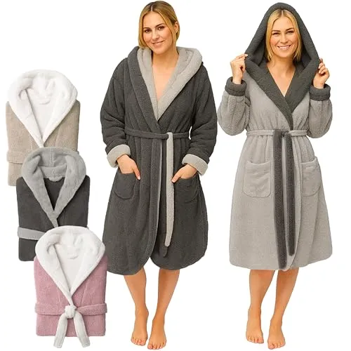 CalmyLIFE Bademantel Damen flauschig - Wende-Morgenmantel mit Kapuze, Dunkelgrau/Hellgrau - Bademantel für Damen mit Wendefunktion, kapuze und Taschen. Flauschiger Plüsch Sherpa für ultimativen Komfort. Pflegeleicht und in verschiedenen Größen erhältlich.
