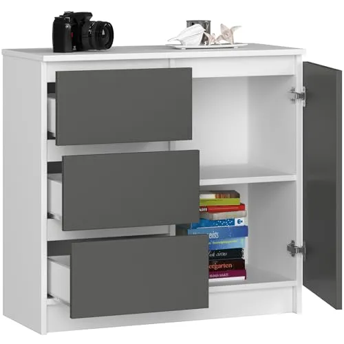 BDW - Kommode mit 3 Schubladen und 1 Tür - 80 cm breit, 77 cm hoch - Schrank, Sideboard, Mehrzweck-, Schuhschrank, Schubladenkommode, Aktenschrank - Wohn-, Schlafzimmer, Flur - Weiss/Grau