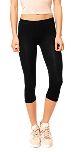 Easy Young Fashion - Damen Basic Capri Leggings - elastische 3/4 Baumwoll Viskose Stretch Hose 1077 - OneSize (Schwarz)