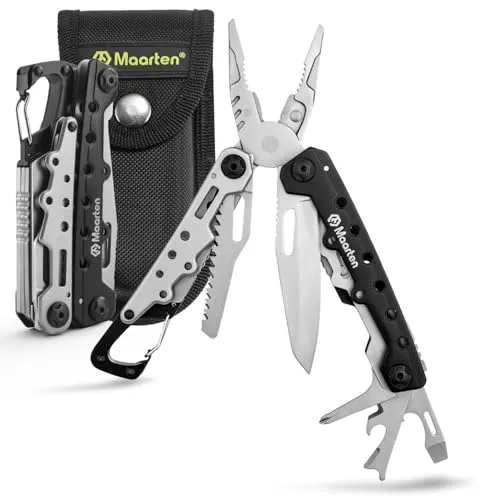 Maarten Multifunktionszange, 11 in 1 Kleines Karabiner Multitool Werkzeug, Faltbares Edelstahl Multifunktionswerkzeug mit Sicherheitsschloss und Nylonscheide, Geschenke für Männer Weihnachtsgeschenke