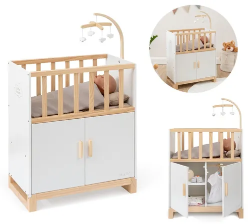 ELLA & PIET® Puppenbett COZY mit Schrank und Mobile - Puppenbett, Holzpuppenbett für gemütliche Nächte. Mit geräumigem Schrank und beruhigendem Schäfchen-Mobile – ideal für kleine Puppeneltern ab 3 Jahren.