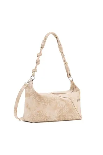 Desigual Sierra Sand Huntington Hand Bag - Stylische Schultertasche für Damen, ideal für die Freizeit. Mit verstellbarem Riemen und blumigem Design in Beige. Hergestellt aus hochwertigem Polyurethan für eine langlebige Nutzung.