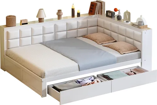 Massivholzbett mit Lattenrost und Schubladen 140x200 cm - Modernes Doppelbett aus Kiefernholz mit gepolstertem Kopfteil und praktischen Schubladen für zusätzlichen Stauraum. Ideal für ein stilvolles und funktionales Schlafzimmer.