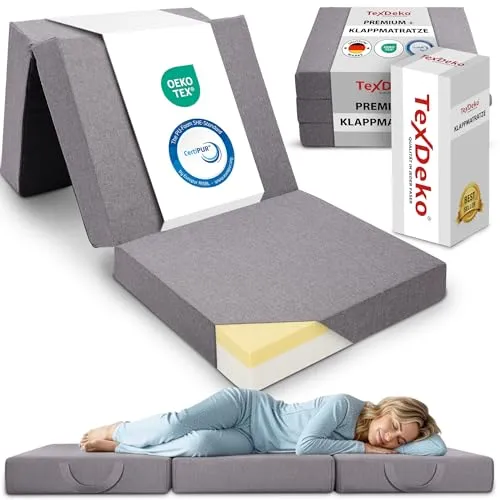 TexDeko® Premium Klappmatratze 75x195cm (3-teilig), komfortable ergonomische Faltmatratze 15cm dick mit 4cm Visco-Schicht und Anti-Rutsch-Unterseite waschbarer Bezug, ideal als Gästematratze (Grau)