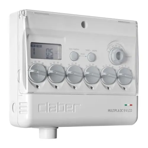 Claber Multipla-DC W/LCD-Wasser-Timer - Gartenschläuche - 6-Wege-Programmiergerät mit flexibler Zeitsteuerung für effiziente Bewässerung, ideal für Gartenliebhaber.