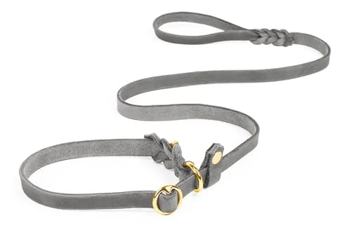 CopcoPet Retrieverleine mit Zugstopp für kleine Hunde – 1,20m x 10mm Moxonleine in Grau – Fettlederleine & Agilityleine aus Leder – stufenlos verstellbar, Handarbeit, Messing, wetterfest