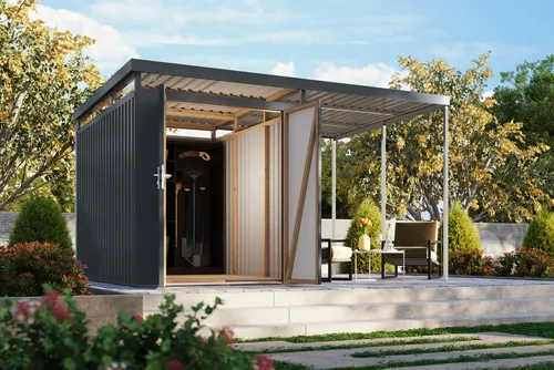 Karibu Gerätehaus Titanium 2,5 SET mit Anbaudach – Robust und Elegant - Entdecken Sie das Karibu Gerätehaus Titanium 2,5 SET: Stabil, wartungsarm und mit cleveren Details wie einer Doppelflügeltür und natürlichem Licht. Ideal für Ihren Garten, bietet es durchdachte Lösungen und langlebige Qualität.