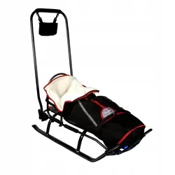 3in1 Kinder Schlitten Sport Rodel für Kinder, Babys mit Rückenlehne, Fußsack, Schiebegriff und Gurt aus Aluminium Leicht LED - Schwarz