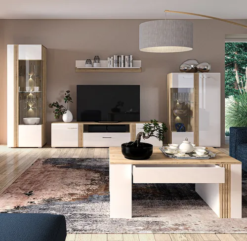 Lomadox Wohnzimmer-Set AKRON-131, 5-tlg. Mega-Spar-Set - Stilvolles Wohnzimmermöbel-Set in Weiß, bestehend aus Vitrine, Highboard, Lowboard, Wandboard und Couchtisch. Ideal für modernes Wohnen und Platzoptimierung.