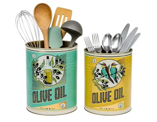 Olive Oil XXL Aufbewahrungsdosen 2er Set – Retro Oliven Design - Set aus zwei hochwertigen Metallaufbewahrungsdosen im Retro-Design, ideal für stilvolle Aufbewahrung. Größe: Ø 20 x 24 cm & Ø 17 x 20 cm. Perfekt für die Küchendekoration und praktische Nutzung.