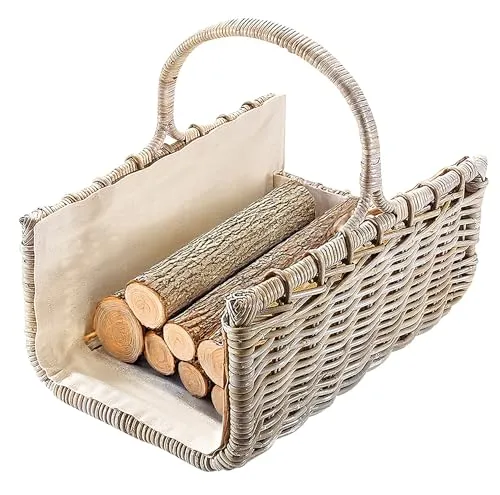 Kobolo Holztrage Holzkorb für Kaminholz - Aschesauger und Kaminholzkorb aus grauem Rattan, stabil und dekorativ, mit herausnehmbarem Leinenfutter zum Schutz Ihrer Wohnung.