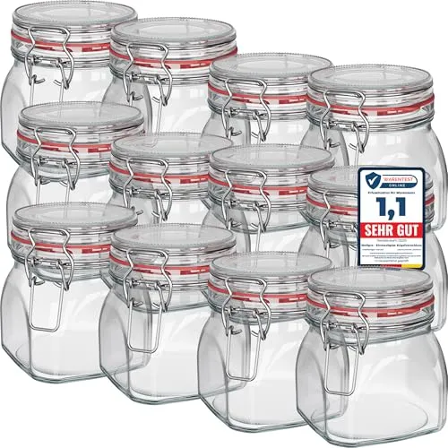 WELLGRO Einmachgläser mit Bügelverschluss eckig - 12 Stück (630ml) - Einmachgläser für vielseitige Verwendung, luftdicht und frisch, ideal für Marmeladen, Müsli und mehr. Hochwertiges Glas, nachhaltig und spülmaschinengeeignet.