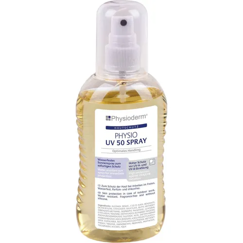 PHYSIODERM Sonnenschutz-Spray Physio UV50 200ml - Sonnenschutzmittel für hohen UV-Schutz mit LSF 50, wasserfest und mit Vitamin E, ideal für Arbeiten im Freien und schwer erreichbare Stellen dank Überkopfpumpe.