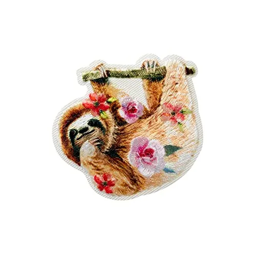 Mono Quick 1215x Tiere mit Blumen, Applikation, Schimmer Bügelbild, Faultier, Panda, Eichhörnchen, Hirsch oder Waschbär Patch (12155 - Faultier)