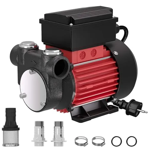 Wiltec Heizöl- und Dieselpumpe 230V 375W 60l/min, Selbstansaugende Umfüllpumpe mit 2m Ansaughöhe und Rückschlagventil, Absaugpumpe