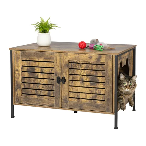Katzenschrank Katzenhöhle - Praktisches Katzenversteck - Elegante Katzenkommode in Vintagebraun, ideal zur Versteckung des Katzenklos. Mit 80 cm Breite und 50,5 cm Höhe sorgt sie für Ordnung und Stil in Ihrem Zuhause.