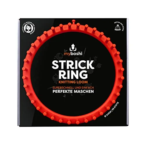 myboshi Strickring inkl. Strickhaken, Garnnadel und Anleitung, 24 cm Durchmesser, 36 Stifte, seitlicher Stift zur Fixierung, für Kinder und Anfänger Orange, 1 Strickring