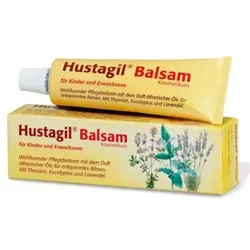 Hustagil Balsam - Arzneimittel zur Linderung von Erkältungsbeschwerden, mit pflanzlichen ätherischen Ölen und pflegenden Inhaltsstoffen für empfindliche Haut.