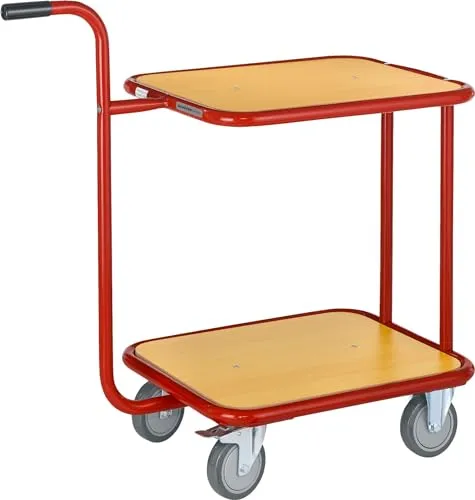 SCHÄFER SHOP Tischwagen mit 2 Etagen – 150 kg Tragkraft, Rollwagen Handwagen Etagenwagen Griffroller, Ladefläche 600x500 mm - Holz, Stahl, rot