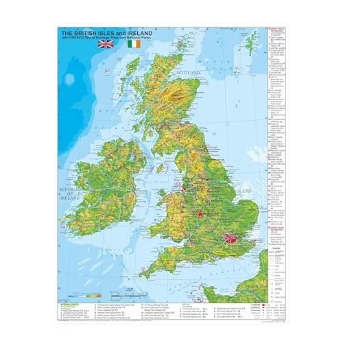 Wandkarte der Britischen Inseln und Irland mit UNESCO-Welterbestätten - Entdecken Sie die Britischen Inseln und Irland auf dieser detaillierten Wandkarte (68x98 cm). Ideal für Bildung und Dekoration, zeigt sie UNESCO-Welterbestätten und Nationalparks. Perfekt für Ihr Zuhause oder Büro!','category':'Poster & Bildende Kunst