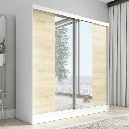 A&J MöbelLand Schwebetürenschrank Solo Kleiderschrank 2-türig mit Spiegel Garderobenschrank 200 cm (Weiß)