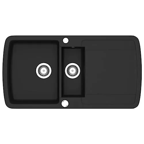 vidaXL Granitspüle Doppelbecken Schwarz - Elegante Einbauspüle - Sanitäranlagen & Zubehör - Zeitloses Design mit zwei Becken, schlagfest und hitze- sowie kratzbeständig. Vollständig reversibel für flexible Installation.
