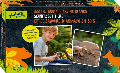 COPPENRATH DIE SPIEGELBURG Bastelnaturmaterial Kinder-Schnitzset Tiere - Entdecken Sie das kreative Schnitzset mit 2 Weichholz-Rohlingen (Bär und Fuchs) für Kinder ab 8 Jahren. Ideal zum Basteln und Gestalten, inklusive Schleifpapier und Anleitung. Perfekt für kleine Künstler!
