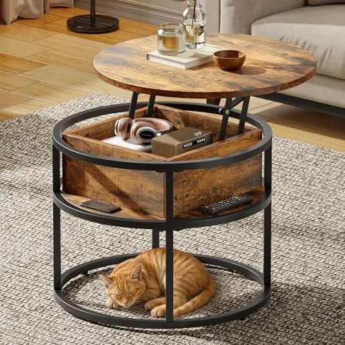 DWVO Couchtisch für Wohnzimmertisch Höhenverstellbar, Runder Couchtisch Modern 60X60X47cm, mit Verstecktem Fach und Robuster Metallrahmen