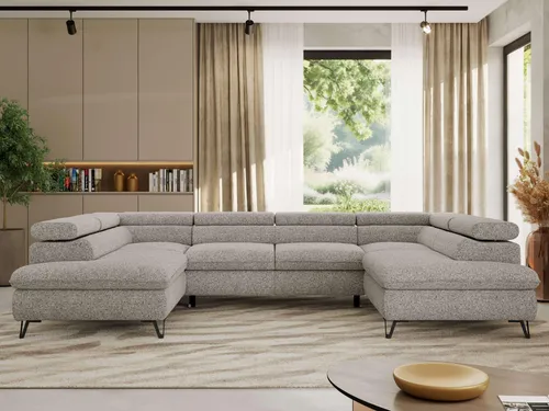 Ecksofa PABLO U mit Schlaffunktion und Bettkasten - Hellgrau - Modernes Ecksofa in U-Form mit verstellbaren Kopfstützen und viel Platz zum Entspannen. Der integrierte Bettkasten bietet zusätzlichen Stauraum und verwandelt das Sofa schnell in einen komfortablen Schlafplatz.