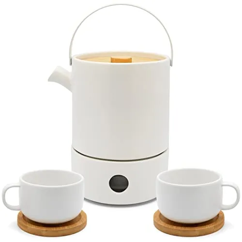 Bredemeijer weiße keramische Teekanne 1.2 Liter mit Teewärmer Tee-Filter Sieb-Einsatz & 2 Teetassen - Steingutkanne ideal für losen Tee
