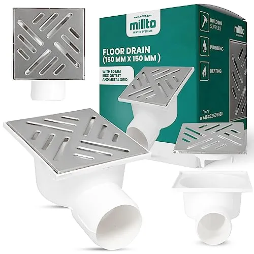 Millto™ Bodenablauf Ablaufrost 5x15x15cm Seitlich Auslass Kellerablauf Metall Waagerecht Quadratischer Garagenablauf Kanalisationsgitter Entwässerung Abfallgitter Nassraumablauf