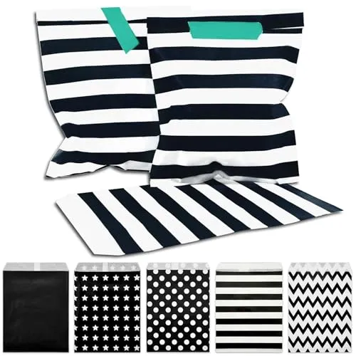 Frau WUNDERVoll® 25 Papiertüten schwarz weiße Streifen, 13 x 16,5 cm, 45 Gramm Papier, flach/Candy Bar, Hochzeit, Kindergeburtstag, Papiertütchen, Candybag, Tüten, Mitgebseltüten