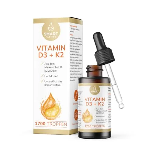 Vitamin D3 + K2 Tropfen - 1700 Tropfen - 50ml - hochdosiert - Hochdosierte Vitamin D3 + K2 Tropfen für eine einfache, individuelle Dosierung. Vegan und praktisch in der Anwendung. Eine Flasche enthält ca. 1.700 Tropfen.