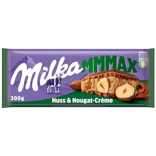 Milka Mmmax Nuss-Nougat-Crème 300g - Schokoladenriegel mit zarter Alpenmilch-Schokolade, gefüllt mit cremiger Nuss-Nougat-Crème und ganzen Haselnüssen – für ein maximales Geschmackserlebnis.