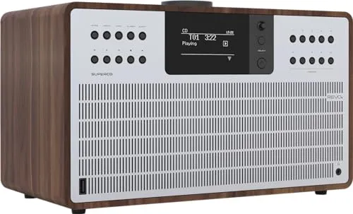 Revo SuperCD Soundsystem mit CD-Spieler - Multifunktionales Soundsystem in edlem Walnuss-Silber mit DAB+/FM/Internetradio und Bluetooth für kabelloses Streaming. Ideal für Musikliebhaber!