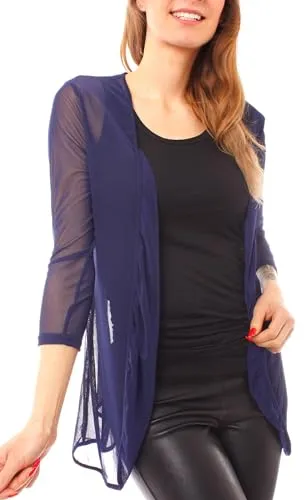Easy Young Fashion - Damen Mesh Cardigan zum binden - transparentes Langarm Jäckchen - leichte Netz Jacke - Cover up 7058 - Dunkelblau