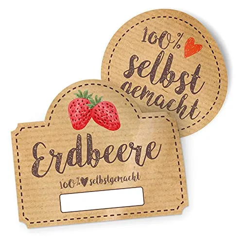 itenga Erdbeere Marmeladen Etikett Aufkleber 100% selbstgemacht Sticker braun selbstklebend für Marmelade Einmachgläser Geschenke - hochwertiges Papier - 20 Sticker (10 rund, 10 rechteckig)
