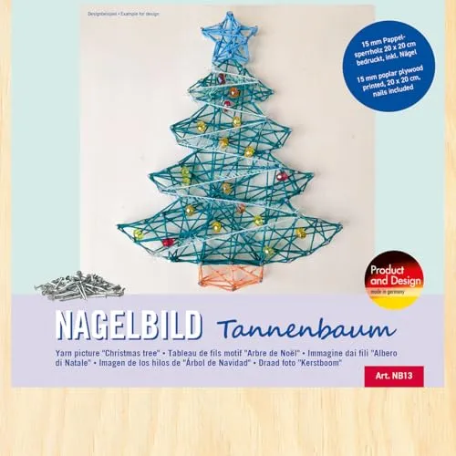 Pebaro NB13 Nagelbild Kreativ Set, Bastelset, Fadenbild, Fadenspannbild, String Art, mit vorgedrucktem Motiv Tannenbaum, inkl. Nägel, Basteln mit Holz, kreative Geschenkidee, Dekoartikel, 20 x 20 cm