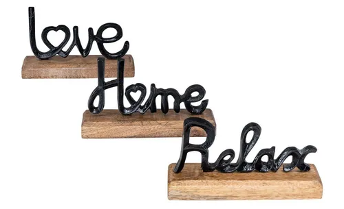 Levandeo® Deko-Schriftzug Love Home Relax, 3er Set - Set aus 3 handgearbeiteten Deko-Schriftzügen aus Mangoholz und Metall. Ideal zum Hinstellen, mit Filzgleitern für einen sicheren Stand. Bringt Gemütlichkeit in Ihr Zuhause.