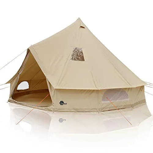 your GEAR Zelt Desert Baumwolle - 2 Größen Ø 4m oder Ø 5m, 4 bis 10 Personen - eingenähter PVC Boden Schlafkabine Vordach UPF 50+ Schutz 10000 mm Wassersäule Campingzelt Rundzelt Tipi