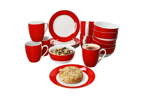 MamboCat Frühstücks-Geschirrset 18tlg - Variant Rot für 6 Personen - Farbintensives 18-teiliges Frühstücksset aus robustem Porzellan, spülmaschinen- und mikrowellengeeignet, ideal für stilvolle Frühstücke und besondere Anlässe.