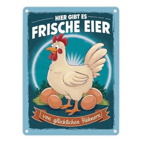Frische Eier von glücklichen Hühnern Metallschild in 15x20 cm Mit Huhn mit weißem Federkleid und rotem Kamm auf robustem Schild ideal für den Hofladen