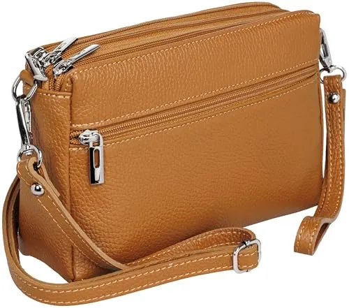 Caspar kleine Leder Umhängetasche Crossbody Bag elegante Damen Tasche mit 3 Fächern - CLASSIC LINE - Modell No.815 - Made in Italy, Farbe:cognac