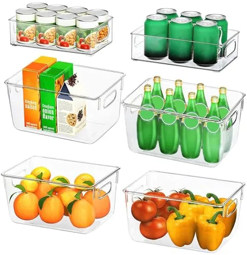 FINEW Kühlschrank Organizer 6er Set (4 Große/2 Mittel), Hochwertig Speisekammer Vorratsbehälter mit Griff, Durchsichtig Aufbewahrungsbox Organizer, ideal für Küchen, Kühlschrank, Schränke -BPA Frei