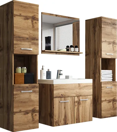 MIRJAN24 Badmöbel-Set Montreal XL mit Spiegel und Waschbecken - Stylisches Badezimmer-Set in Wotan, inkl. praktischen Hängeschränken und Waschbeckenschrank. Ideal für modernes Wohnen, einfache Montage und hochwertige Materialien.