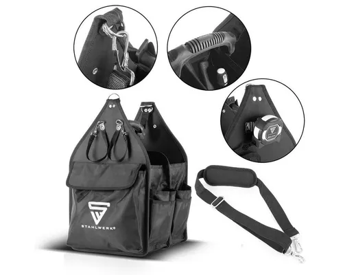 STAHLWERK Werkzeugtasche - Robuste Montagetasche mit 11 Außentaschen - Werkzeugtaschen für Profis: Hochbelastbare Tasche mit 11 Außentaschen und 2 großen Innenfächern, ideal für optimale Werkzeugorganisation und komfortablen Transport.
