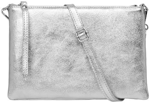 Caspar XL Clutch Echt Leder Damen Umhängetasche große Abendtasche mit abnehmbarem Gurt & Handschlaufe - CLASSIC LINE - Modell No.843 - Made in Italy, Farbe:silber metallic